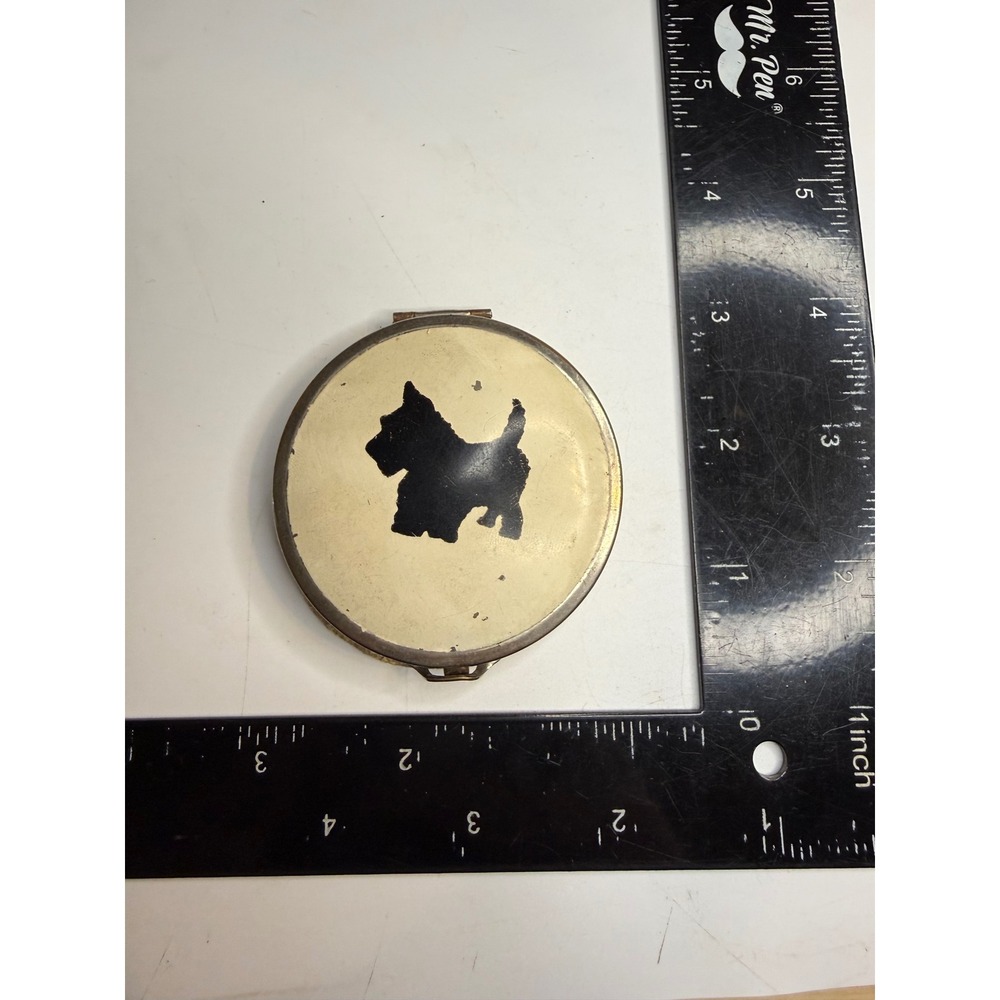 Antique Scottie Dog Powder Compact Round Enamel Mirror Art Deco Black White